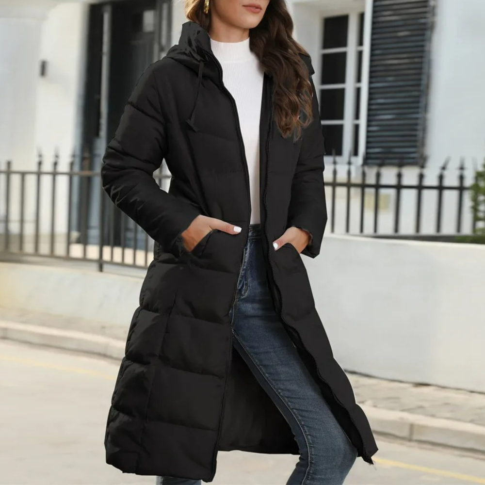 Women's Longline Hooded Down-Style Puffer Coat — Beige