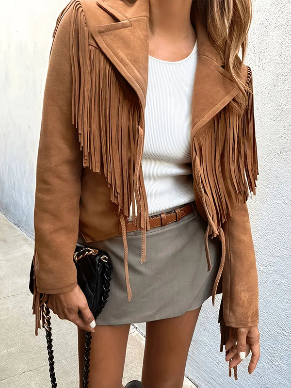 Women's Suede Western Fringe Cropped Jacket — Brown