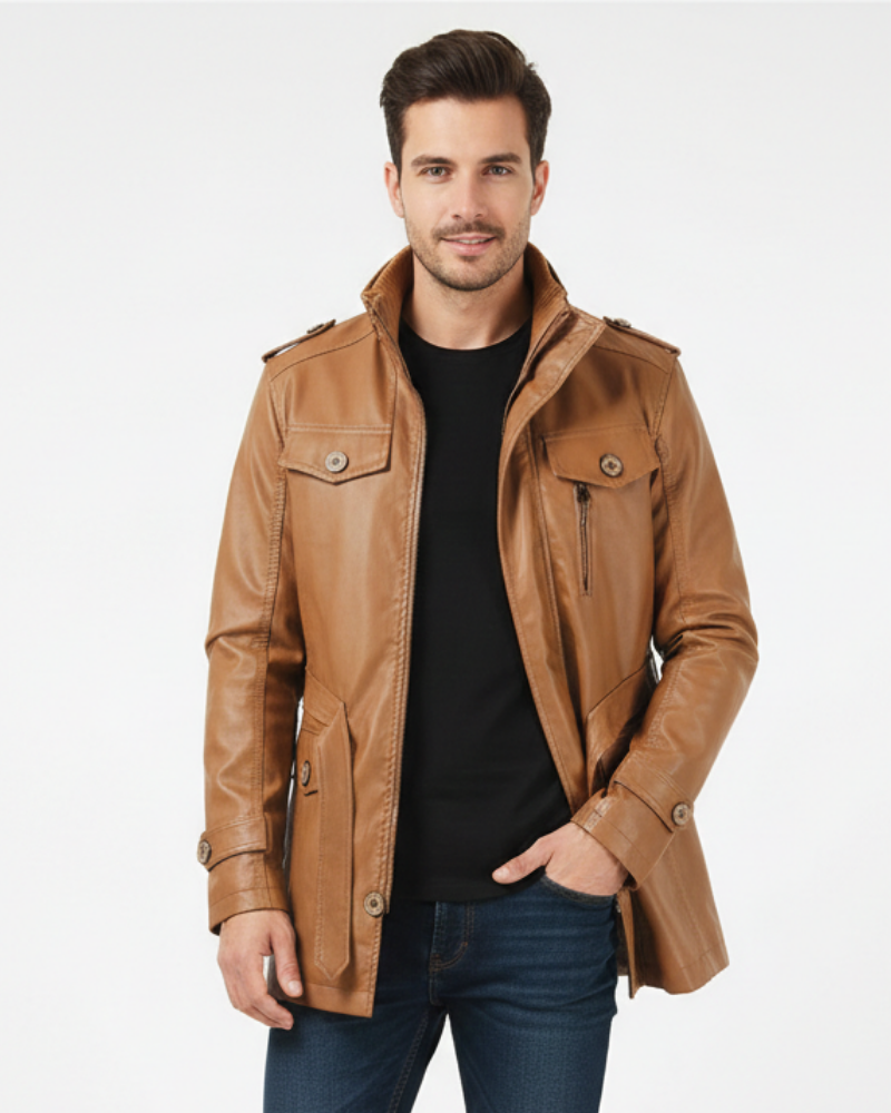 Zayko Men's Long Leather Coat – Comfortable Fit and Elegant Style for Winter