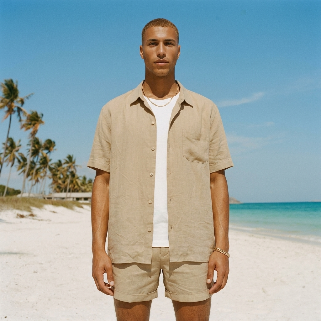 Men's Minimal Beige Button Up Shirt (Copy)
