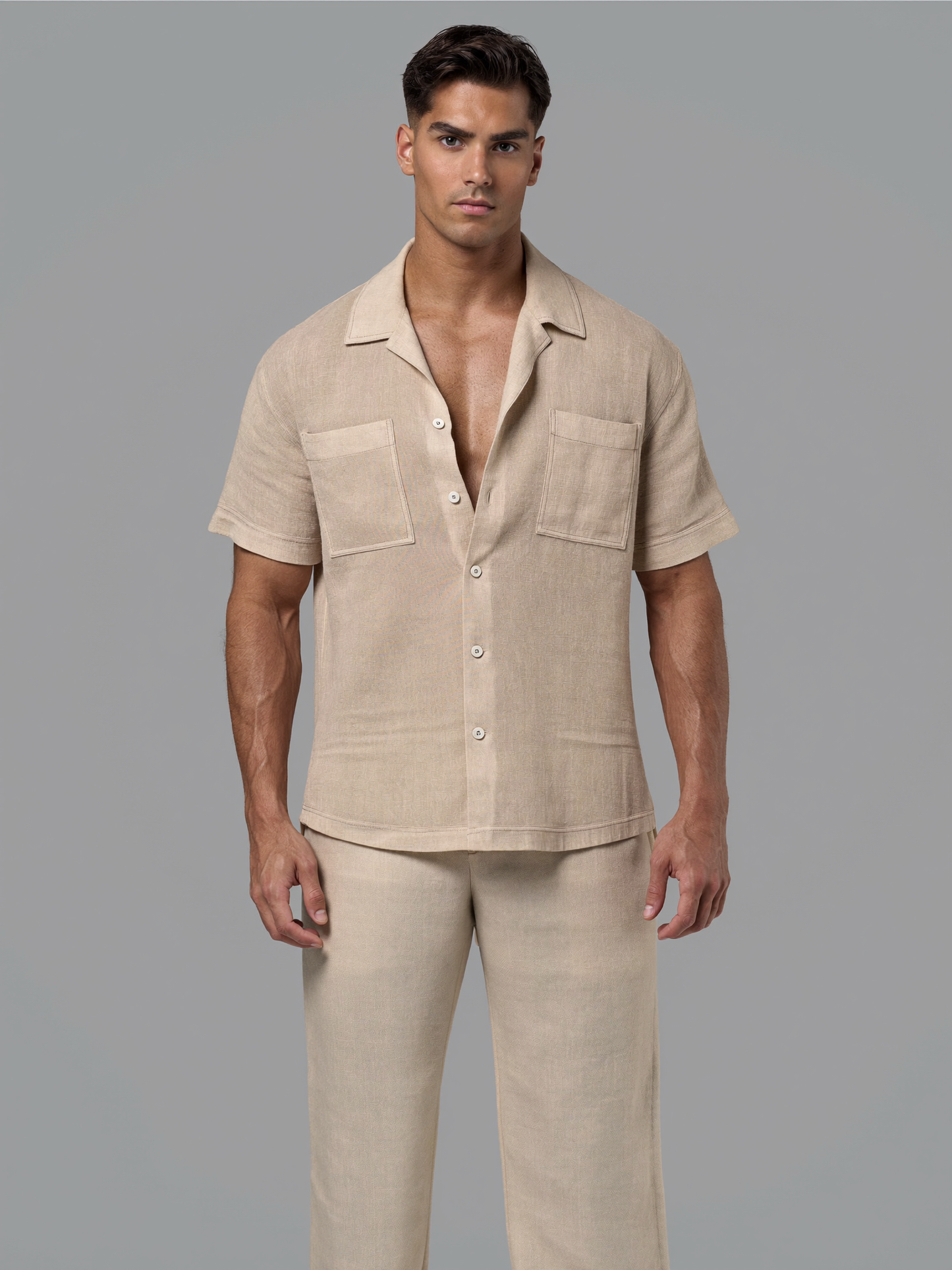 Beige linen camp collar shirt