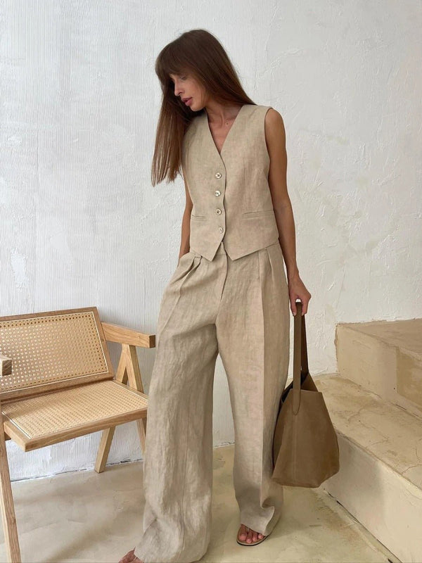 Freya Women's Linen Vest and Wide Leg Trouser Set