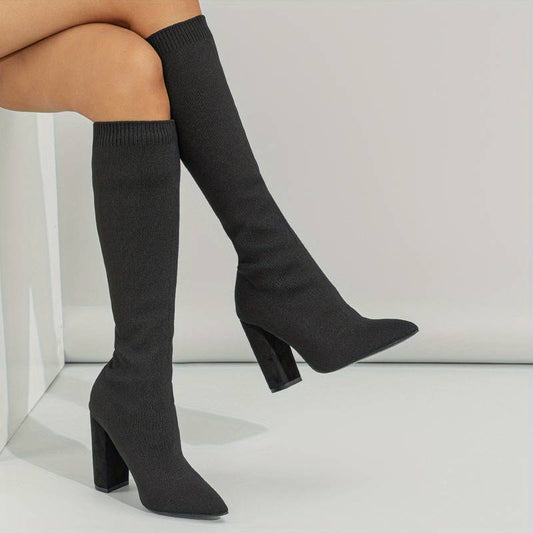 Women's Sock Style Block Heel Ankle Boots — Black
