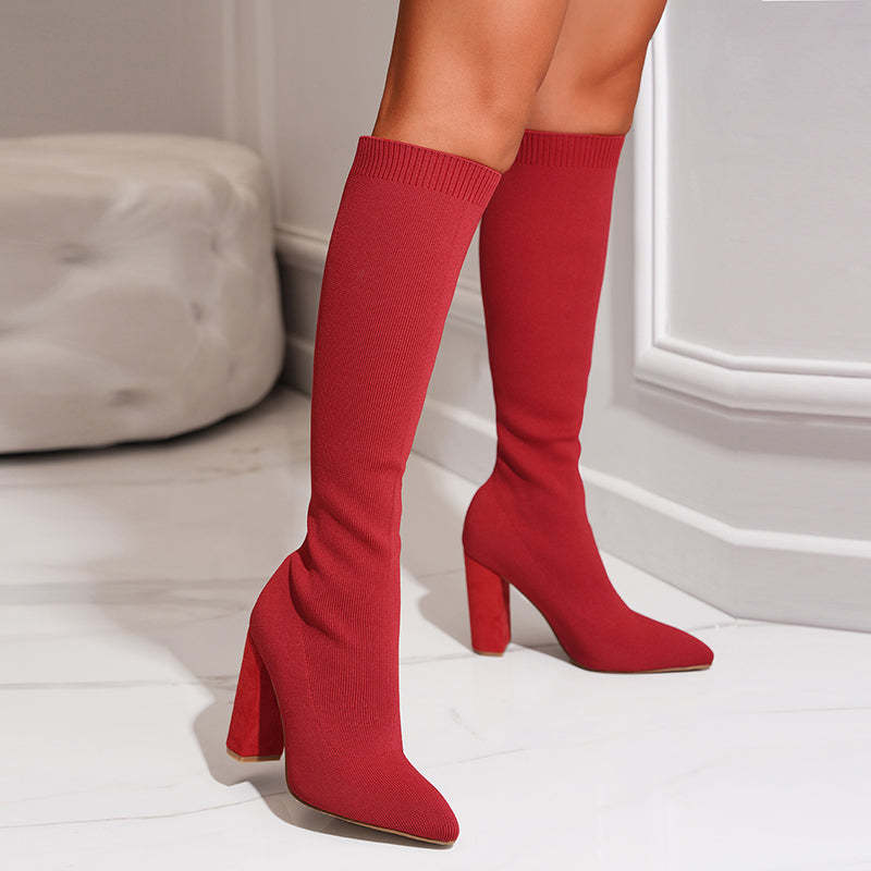 Women's Sock Style Block Heel Ankle Boots — Black