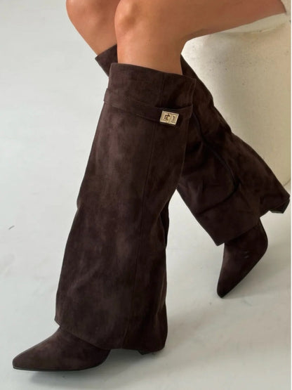 Women's Suede Over-the-Knee Heeled Boots — Black Suede