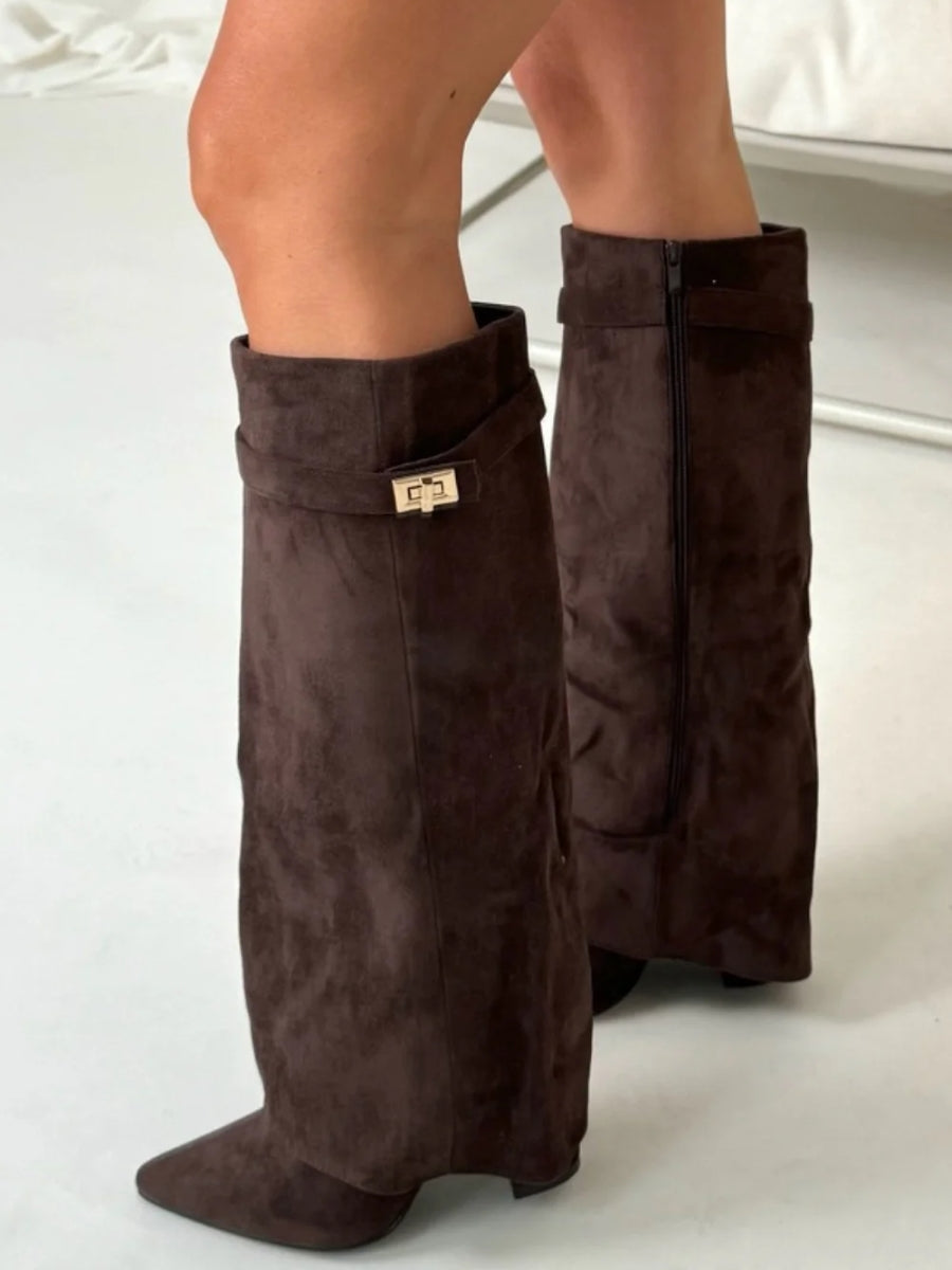 Women's Suede Over-the-Knee Heeled Boots — Beige Suede