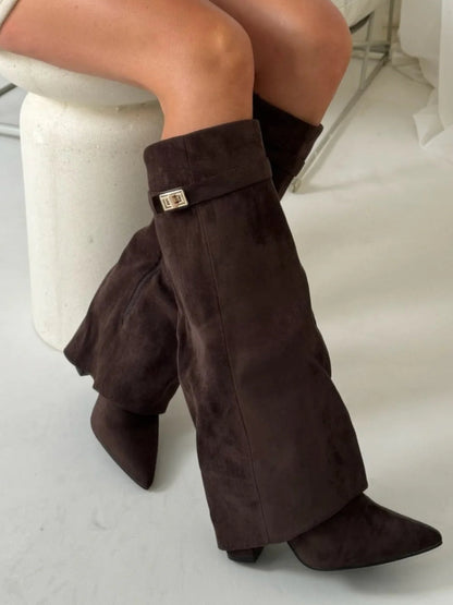 Women's Suede Over-the-Knee Heeled Boots — Beige Suede
