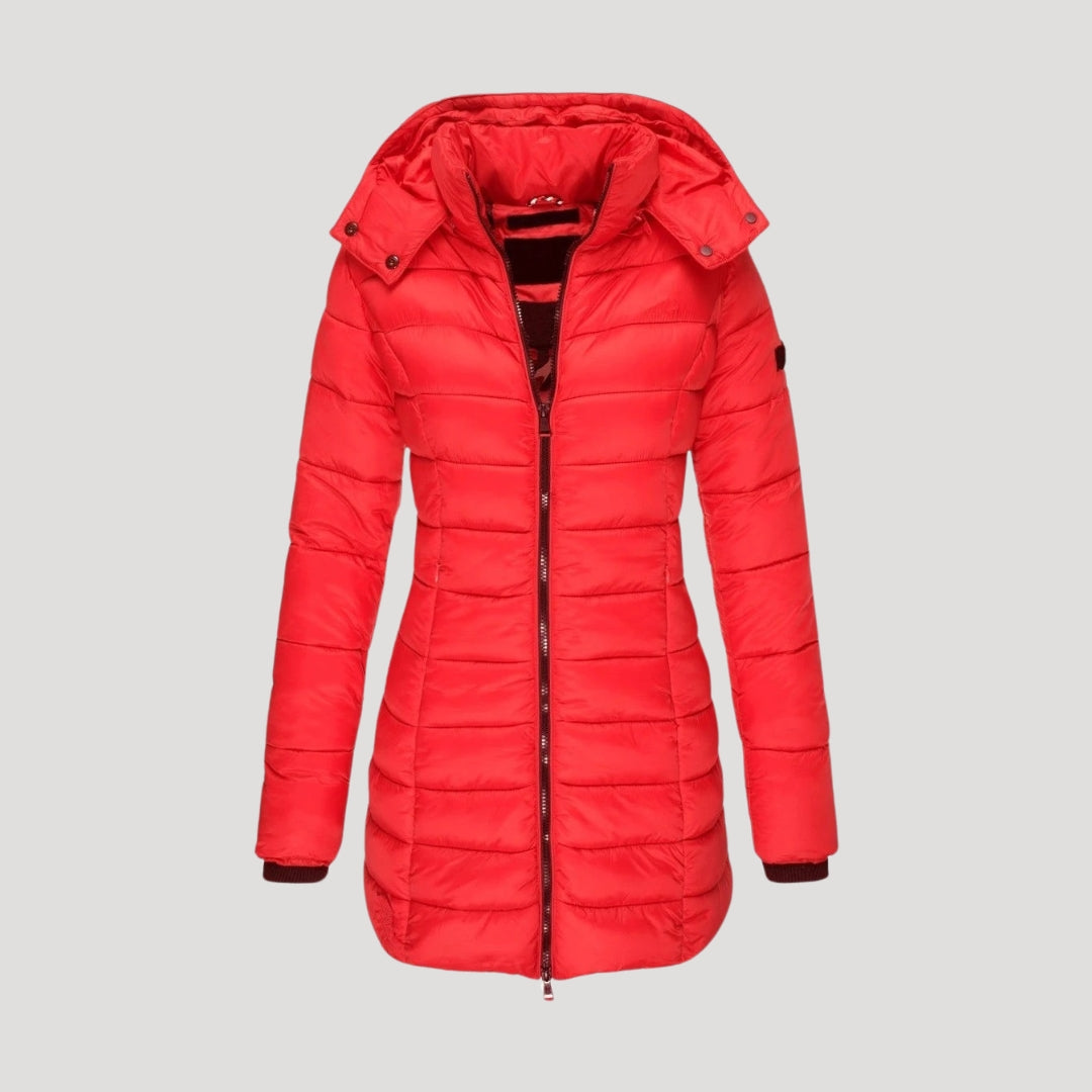 Women's Quilted Longline Hooded Winter Coat — Red