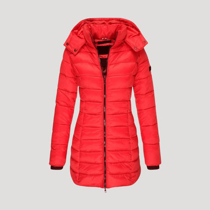 Women's Quilted Longline Hooded Winter Coat — Red