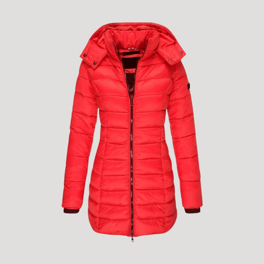 Women's Quilted Longline Hooded Winter Coat — Red