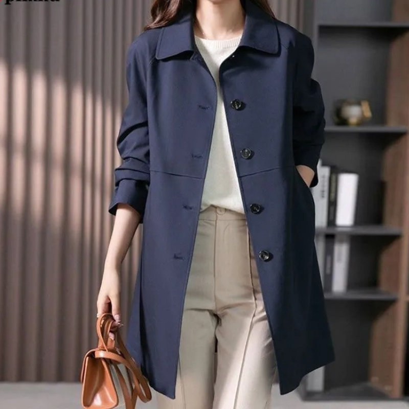 Women's Classic Button-Up Trench Coat — Navy