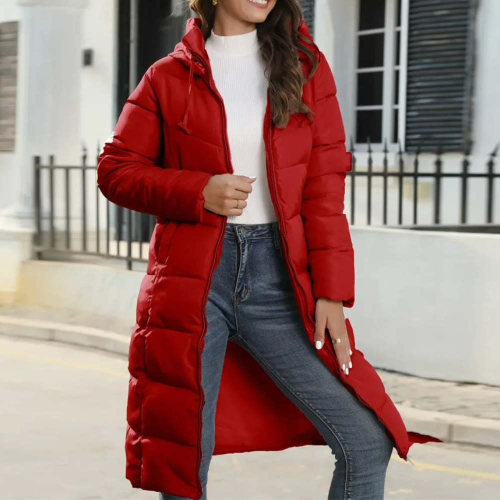 Women's Longline Hooded Down-Style Puffer Coat — Beige