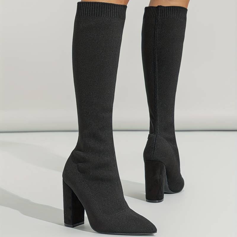 Women's Sock Style Block Heel Ankle Boots — Black