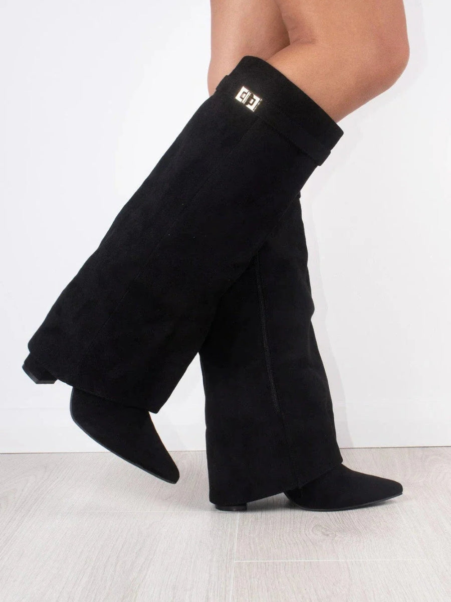 Women's Suede Over-the-Knee Heeled Boots — Black Suede