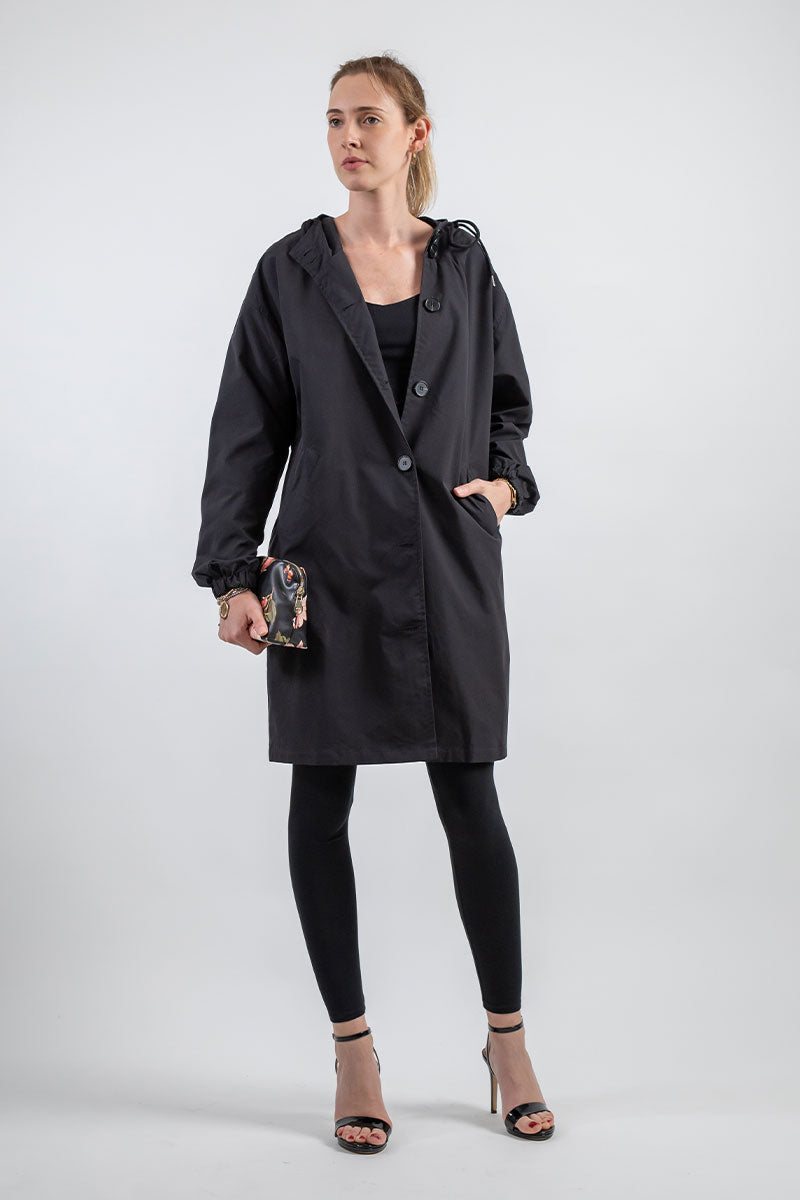 Women's Longline Hooded Button Coat — Grey