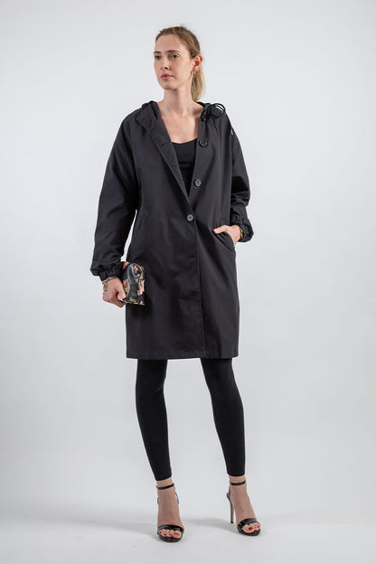Women's Longline Hooded Button Coat — Grey