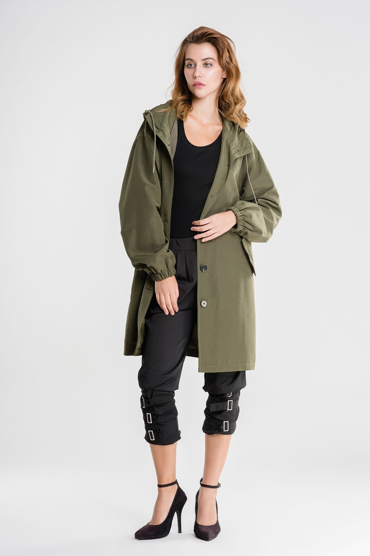 Women's Longline Hooded Button Coat — Black