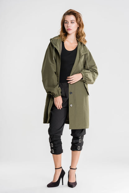 Women's Longline Hooded Button Coat — Black