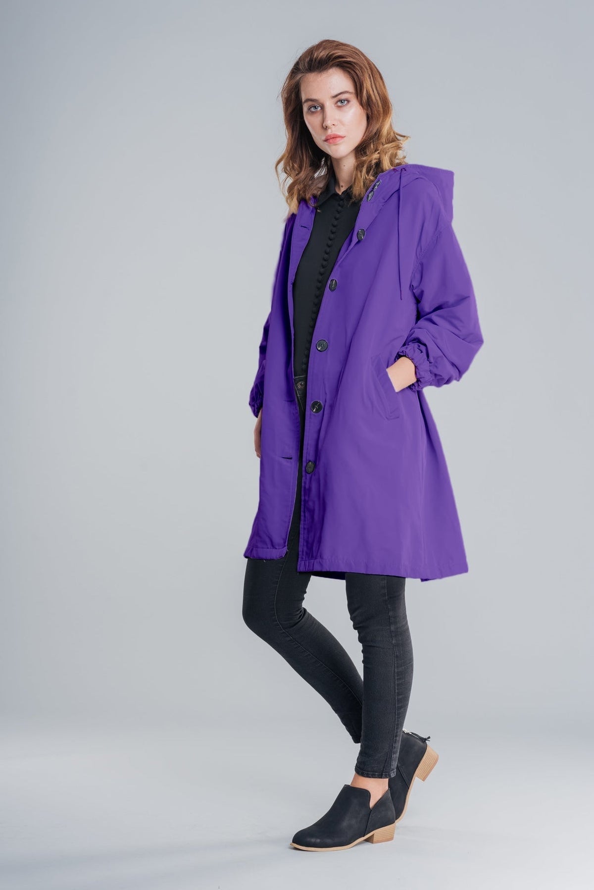 Women's Longline Hooded Button Coat — Black