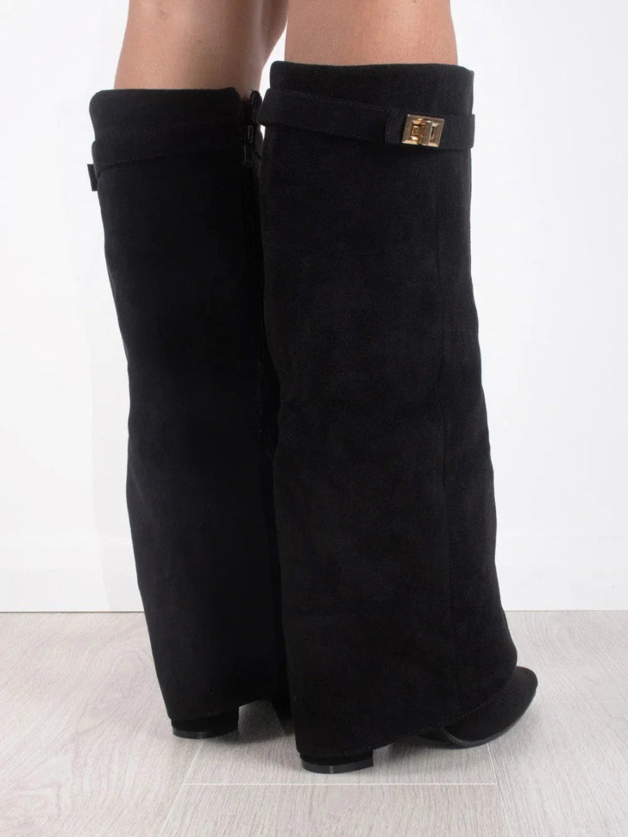 Women's Suede Over-the-Knee Heeled Boots — Black Suede