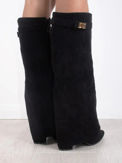 Women's Suede Over-the-Knee Heeled Boots — Black Suede