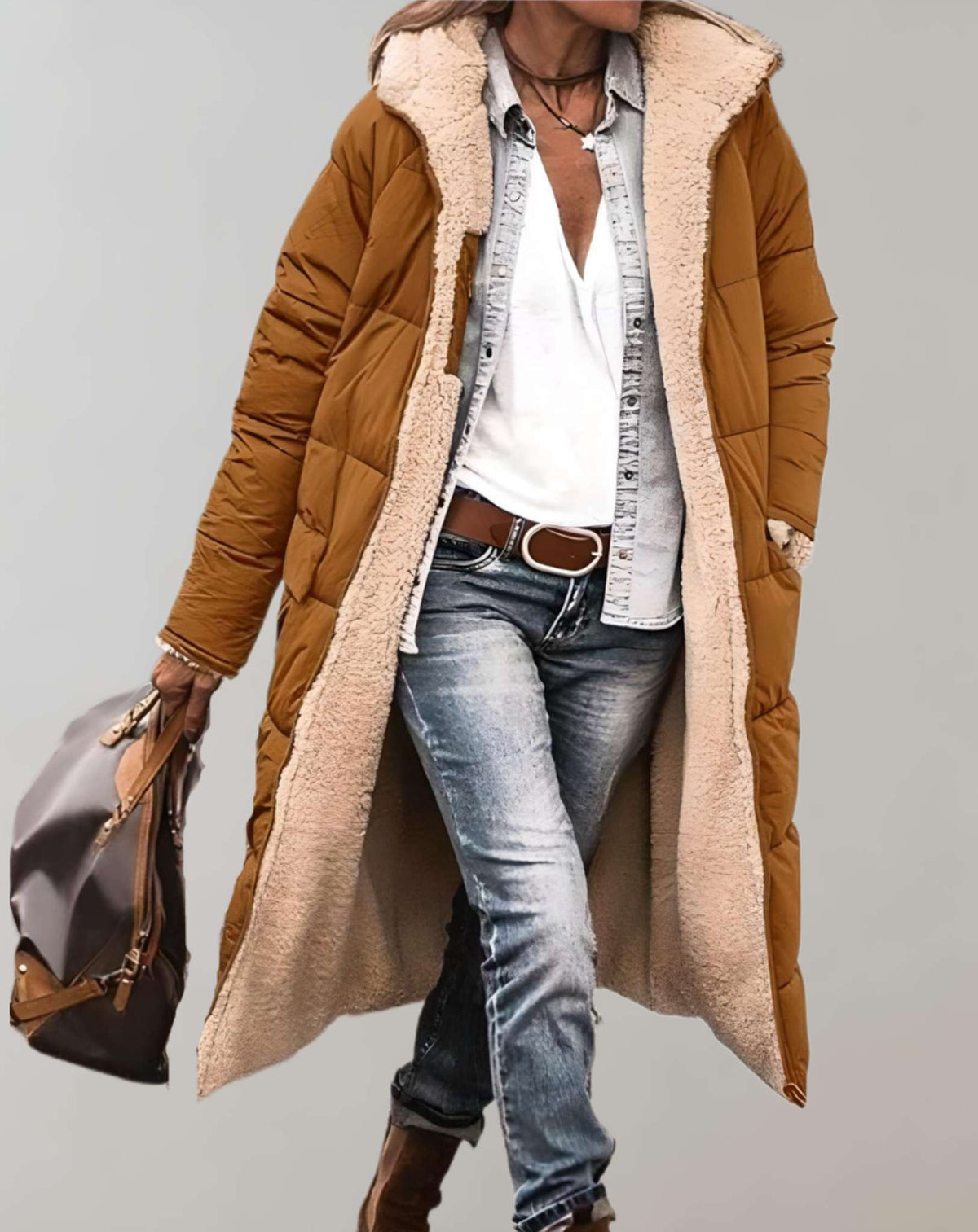 Women's Longline Quilted Casual Coat — Brown