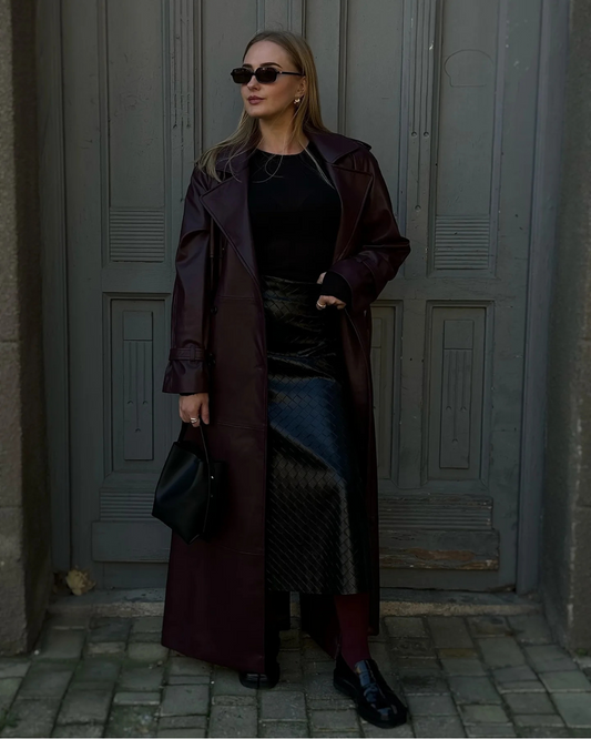Women's Leather Maxi Trench Coat — Bordeaux Red