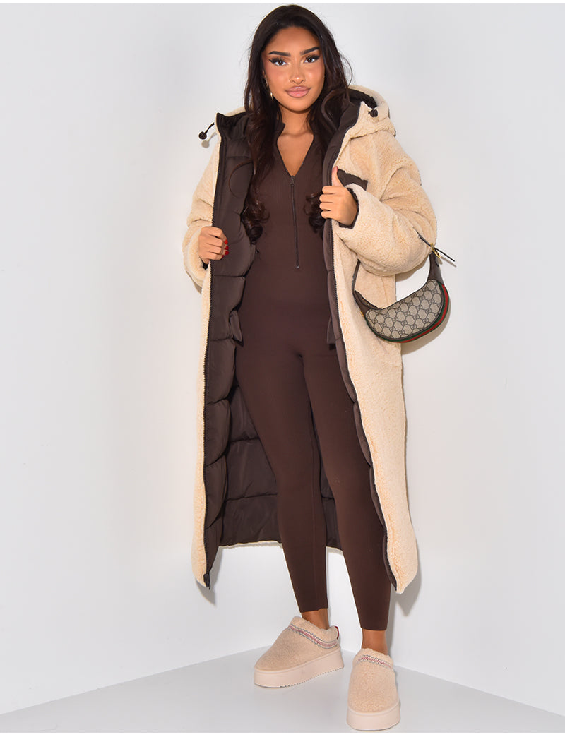Women's Quilted Longline Hooded Puffer Coat — Brown