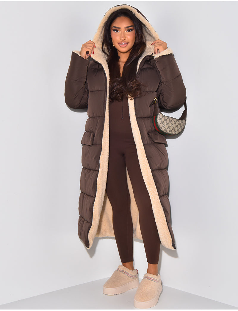 Women's Quilted Longline Hooded Puffer Coat — Brown