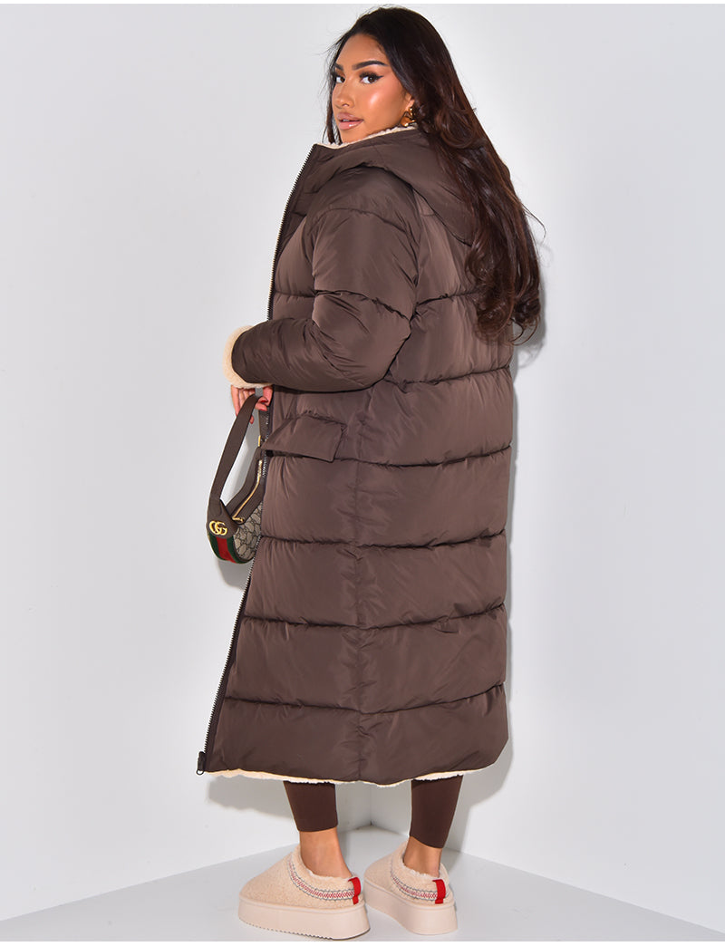 Women's Quilted Longline Hooded Puffer Coat — Brown