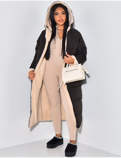 Women's Quilted Longline Hooded Puffer Coat — Black