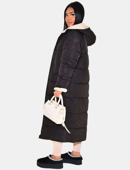 Women's Quilted Longline Hooded Puffer Coat — Black