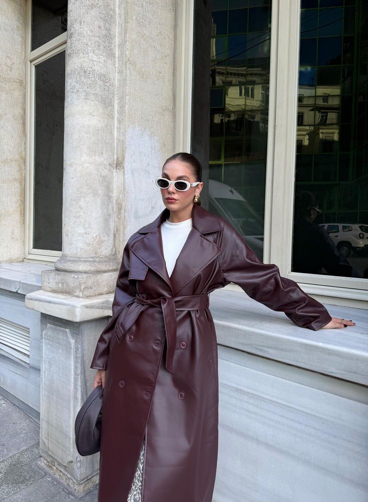 Women's Leather Maxi Trench Coat — Bordeaux Red