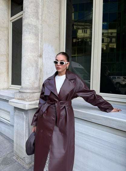 Women's Leather Maxi Trench Coat — Bordeaux Red