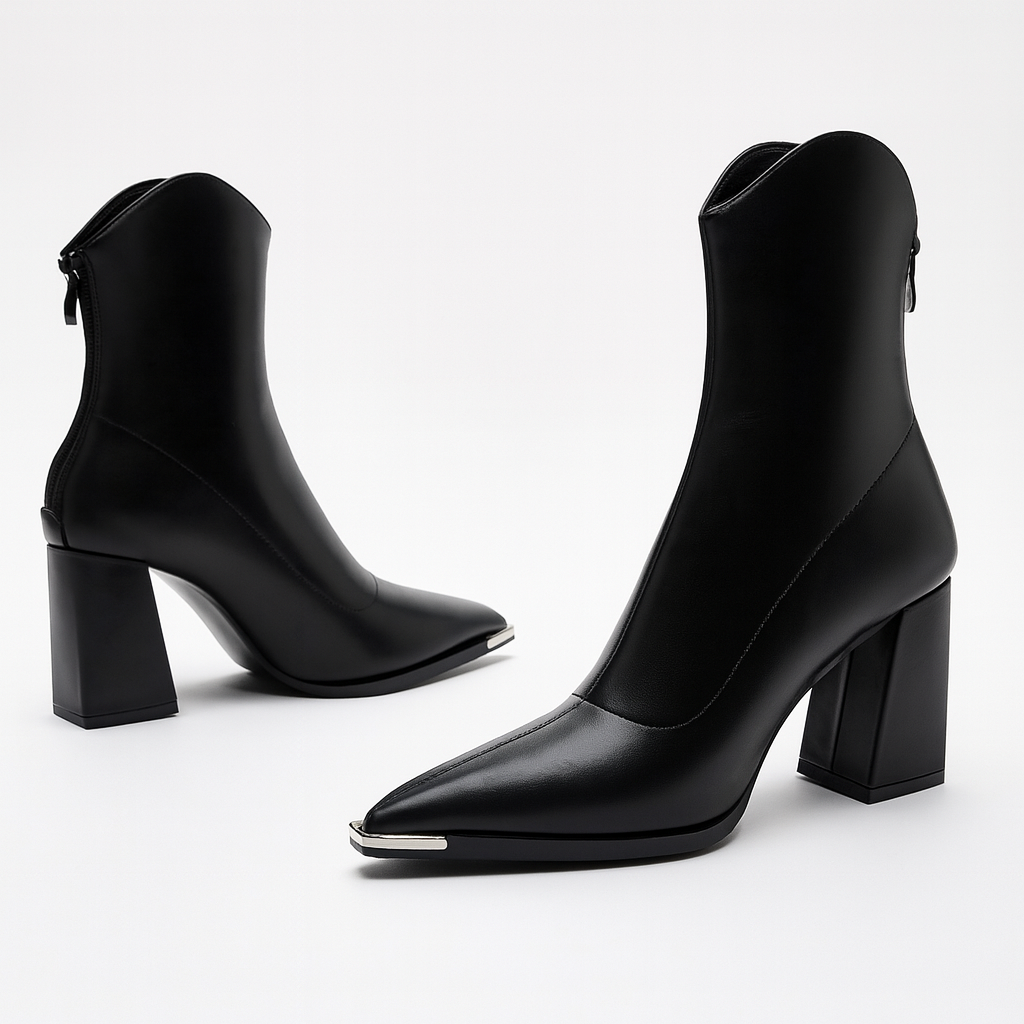 Women's Pointed Toe Heeled Ankle Boots — Black