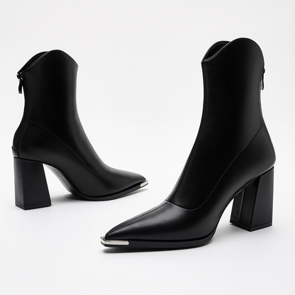 Women's Pointed Toe Heeled Ankle Boots — Black