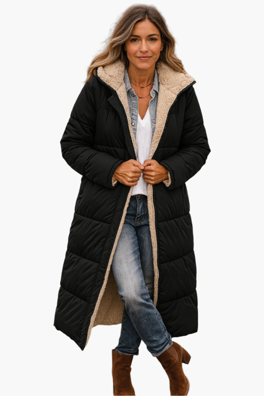 Women's Padded Longline Winter Coat with Zip Front — Black