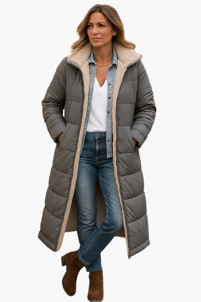 Women's Padded Longline Winter Coat with Zip Front — Navy Blue