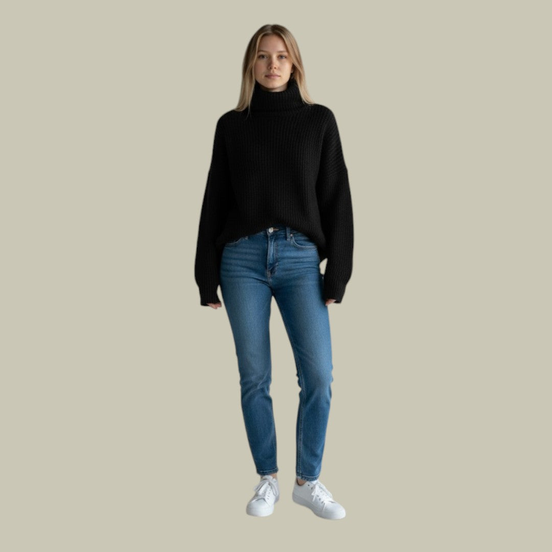 Women's Thick Knit Ribbed Neck Sweater — Black