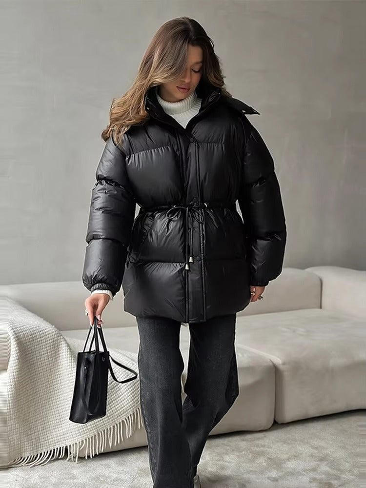 Women's Glossy Drawcord Puffer Coat — Black