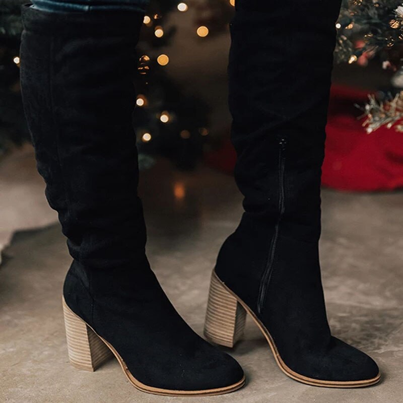 Women's Block Heel Knee-High Boots — Black