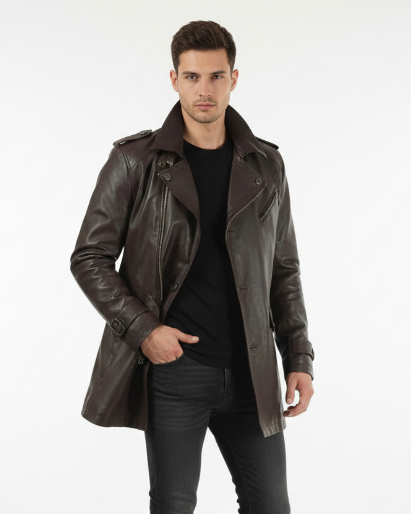 Zayko Men's Long Leather Coat – Comfortable Fit and Elegant Style for Winter