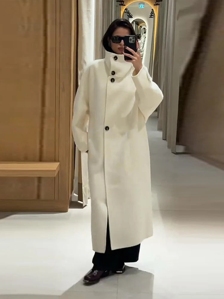 Women's Longline Button Winter Trench Coat — Off White