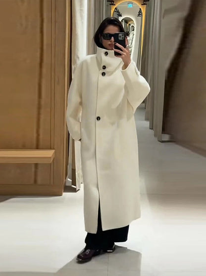 Women's Longline Button Winter Trench Coat — Off White