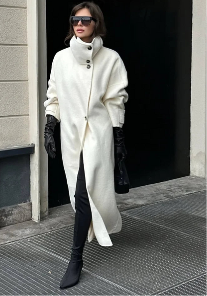 Women's Longline Button Winter Trench Coat — Off White