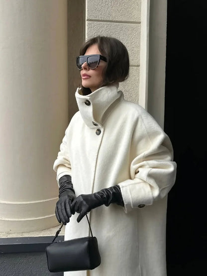 Women's Longline Button Winter Trench Coat — Off White