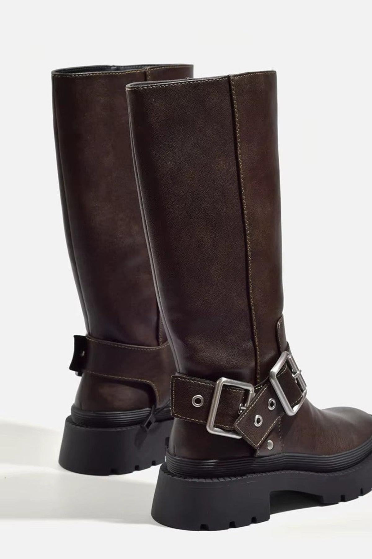 Women's Leather Buckle Ankle Boots — Brown