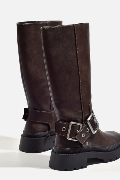 Women's Leather Buckle Ankle Boots — Brown