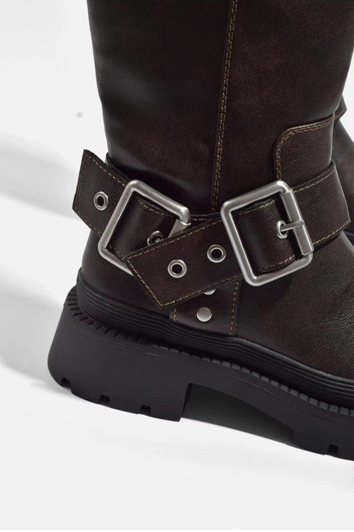 Women's Leather Buckle Ankle Boots — Brown