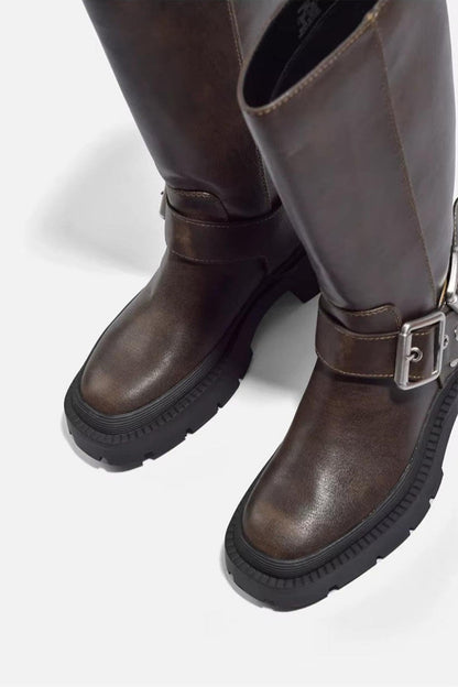 Women's Leather Buckle Ankle Boots — Brown